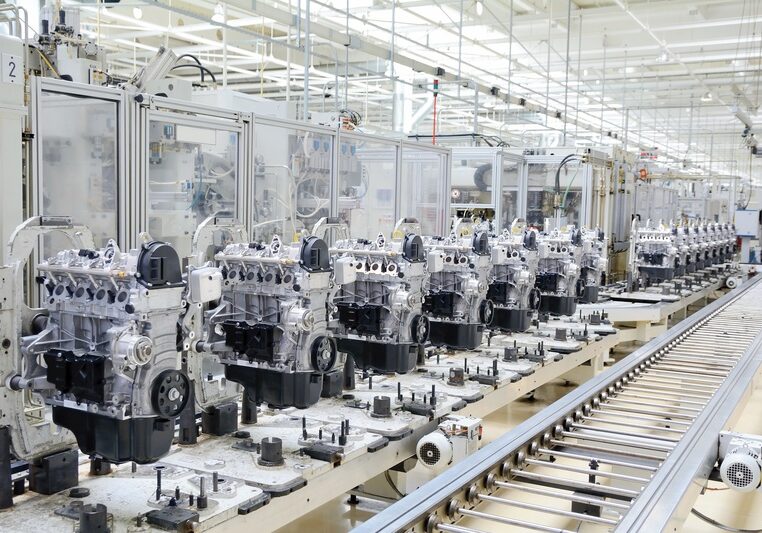 Production line for manufactoring of the engines in the car factory.